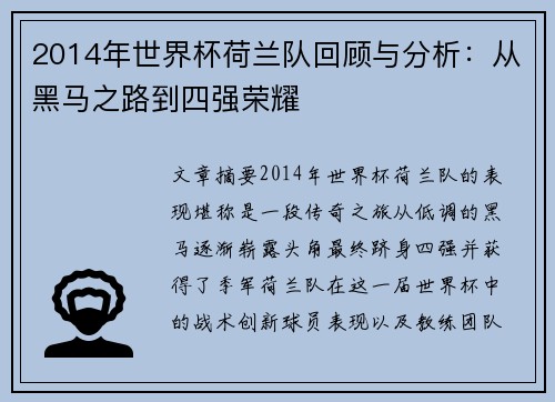 2014年世界杯荷兰队回顾与分析：从黑马之路到四强荣耀